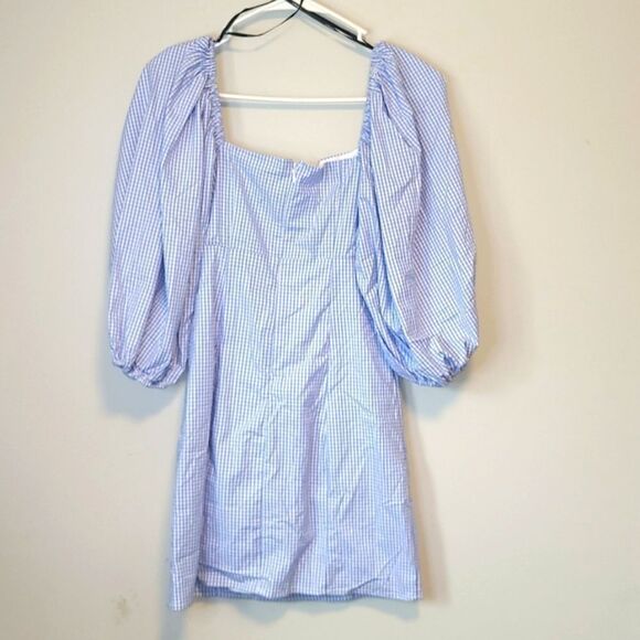 🌴BLUE AND WHITE PLAID WESTERN PUFF SHOULDER MINI DRESS 👗 Rodeo Princess 🤠👸 - Picture 3 of 3